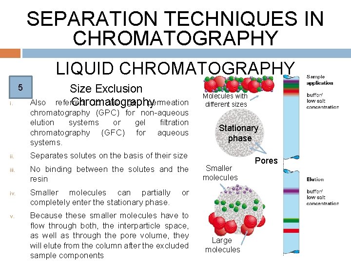 SEPARATION TECHNIQUES IN CHROMATOGRAPHY LIQUID CHROMATOGRAPHY 5 i. ii. iii. iv. Size Exclusion referred