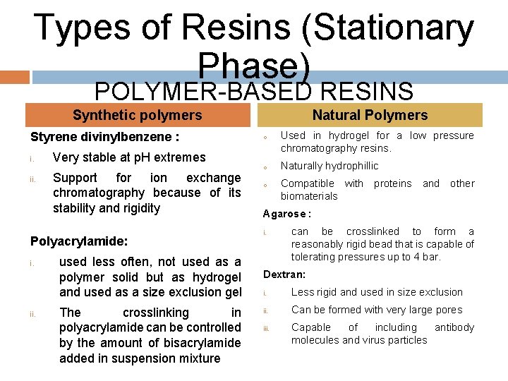 Types of Resins (Stationary Phase) POLYMER-BASED RESINS Synthetic polymers Styrene divinylbenzene : i. ii.