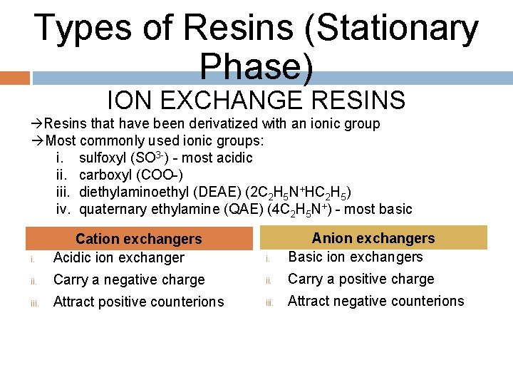 Types of Resins (Stationary Phase) ION EXCHANGE RESINS Resins that have been derivatized with