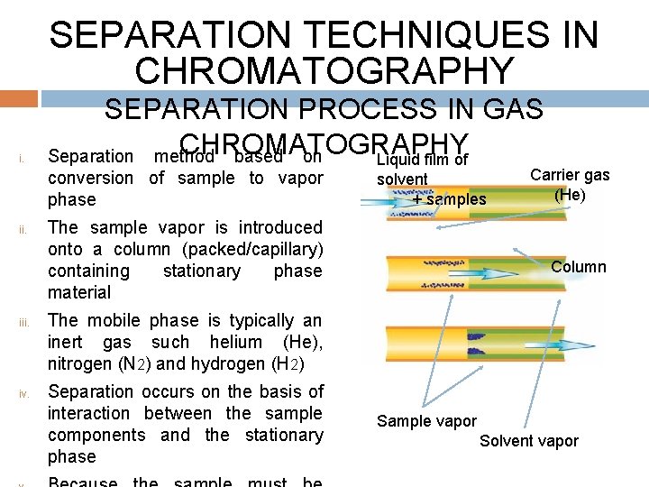 SEPARATION TECHNIQUES IN CHROMATOGRAPHY i. SEPARATION PROCESS IN GAS CHROMATOGRAPHY Separation method based on