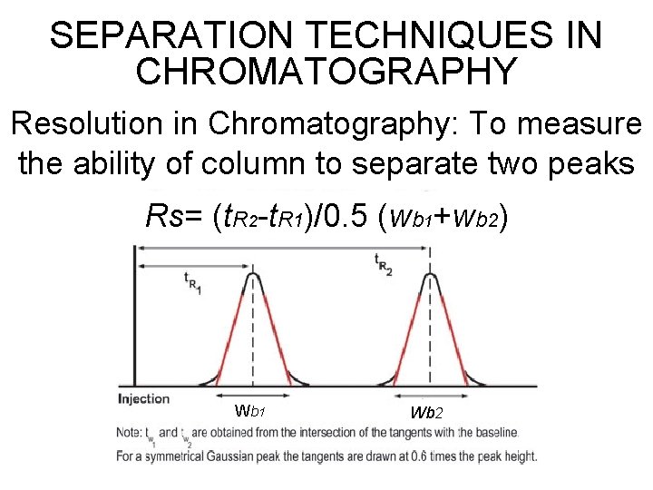 SEPARATION TECHNIQUES IN CHROMATOGRAPHY Resolution in Chromatography: To measure the ability of column to