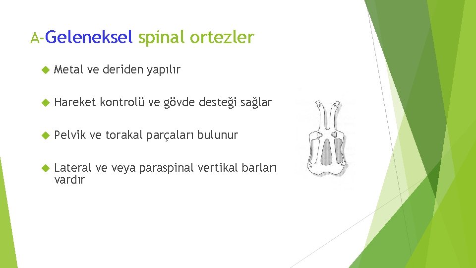 A-Geleneksel spinal ortezler Metal ve deriden yapılır Hareket kontrolü ve gövde desteği sağlar Pelvik