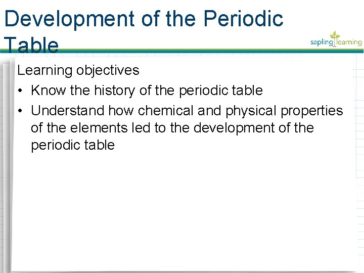 Development of the Periodic Table Learning objectives • Know the history of the periodic
