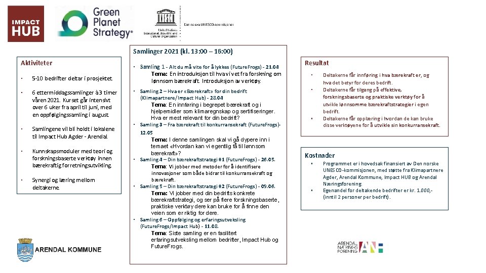 Samlinger 2021 (kl. 13: 00 – 16: 00) Aktiviteter ▪ 5 -10 bedrifter deltar