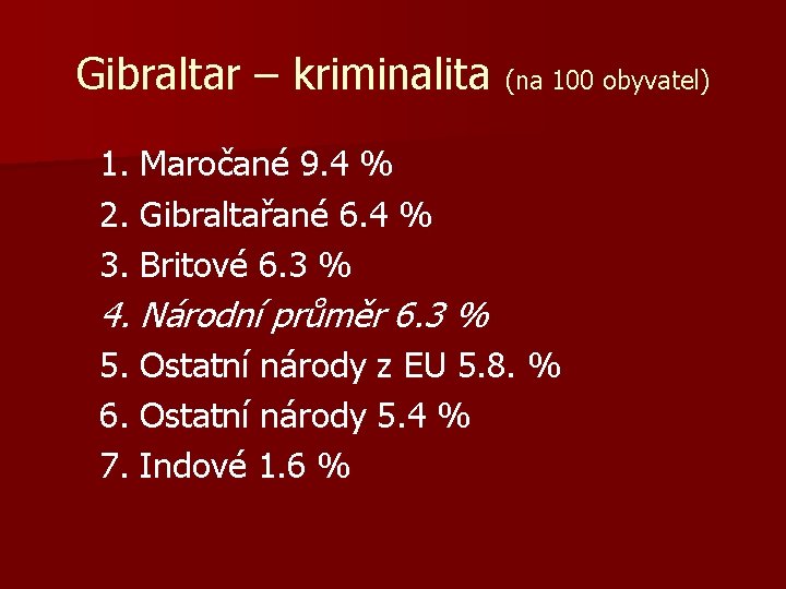 Gibraltar – kriminalita (na 100 obyvatel) 1. Maročané 9. 4 % 2. Gibraltařané 6.