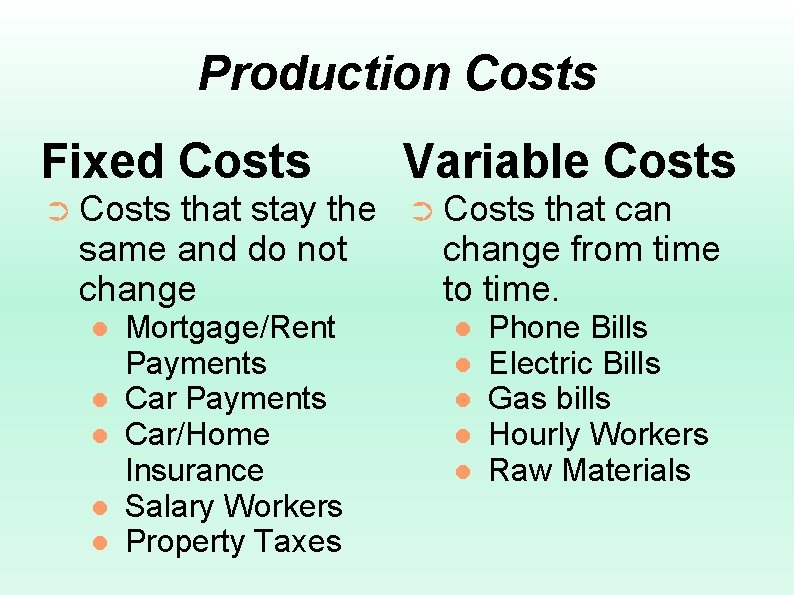 Production Costs Fixed Costs Variable Costs ➲ Costs that stay the same and do