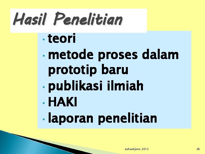 Hasil Penelitian teori • metode proses dalam prototip baru • publikasi ilmiah • HAKI