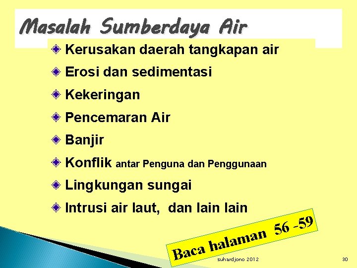 Masalah Sumberdaya Air Kerusakan daerah tangkapan air Erosi dan sedimentasi Kekeringan Pencemaran Air Banjir