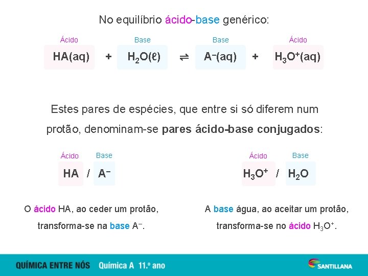 No equilíbrio ácido-base genérico: Ácido HA(aq) Base + H 2 O(ℓ) Base ⇌ A–(aq)