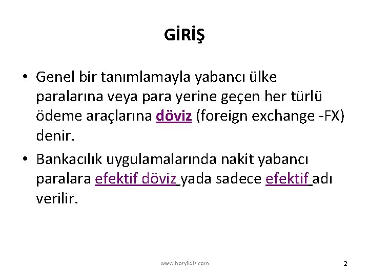 GİRİŞ • Genel bir tanımlamayla yabancı ülke paralarına veya para yerine geçen her türlü