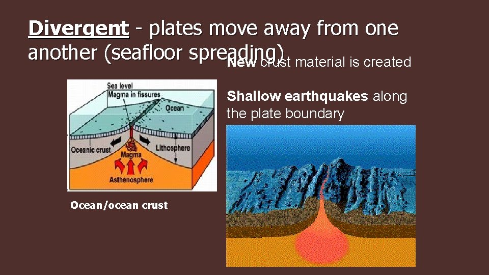 Divergent - plates move away from one another (seafloor spreading) New crust material is