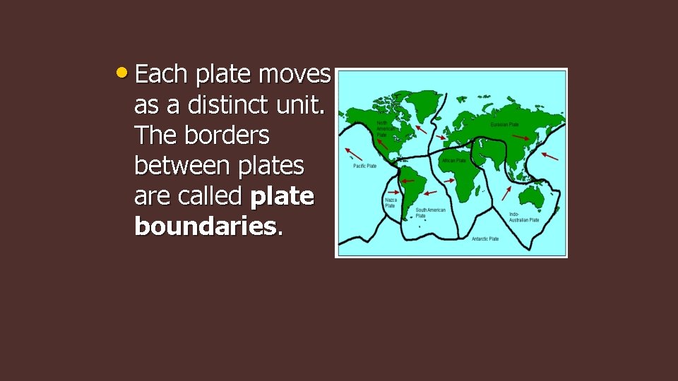  • Each plate moves as a distinct unit. The borders between plates are