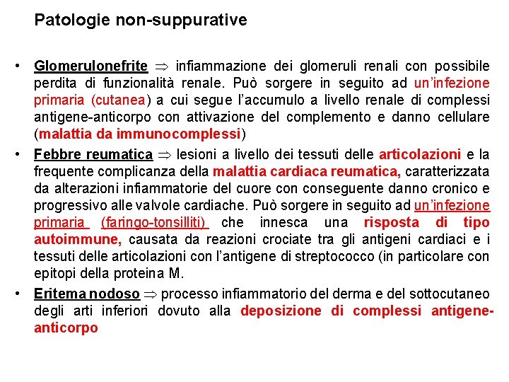 Patologie non-suppurative • Glomerulonefrite infiammazione dei glomeruli renali con possibile perdita di funzionalità renale.