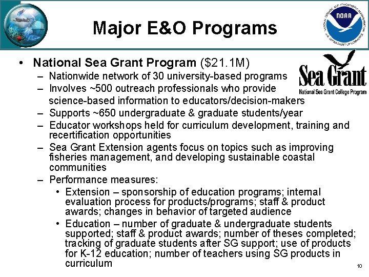 Major E&O Programs • National Sea Grant Program ($21. 1 M) – Nationwide network