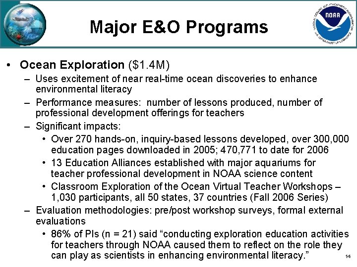 Major E&O Programs • Ocean Exploration ($1. 4 M) – Uses excitement of near