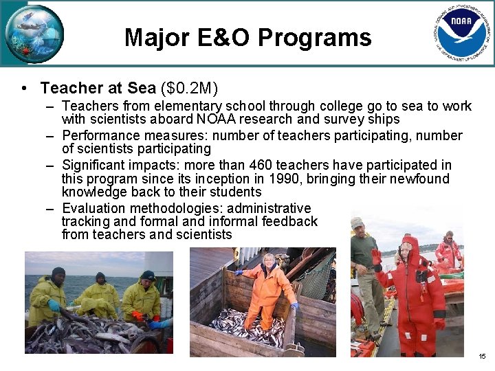 Major E&O Programs • Teacher at Sea ($0. 2 M) – Teachers from elementary