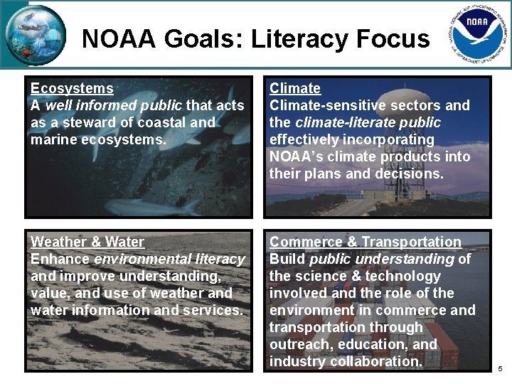 NOAA Goals: Literacy Focus Ecosystems A well informed public that acts as a steward