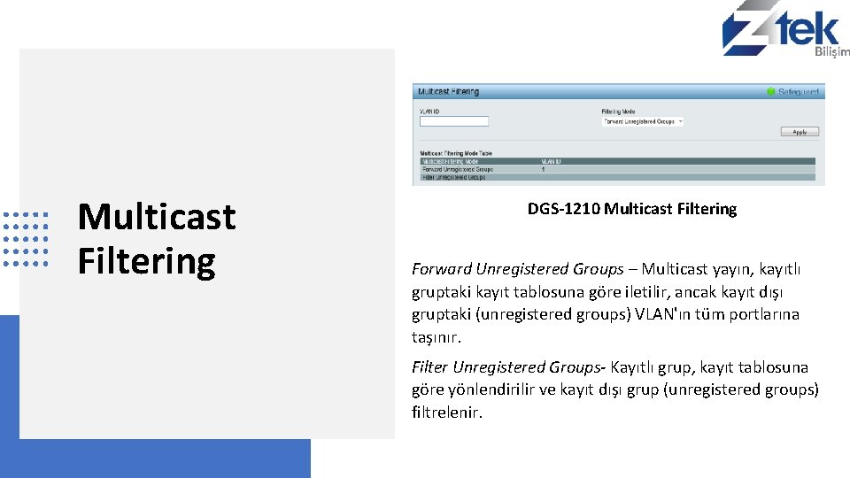 Multicast Filtering DGS-1210 Multicast Filtering Forward Unregistered Groups – Multicast yayın, kayıtlı gruptaki kayıt
