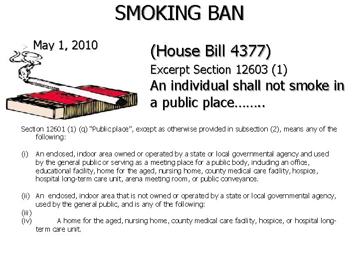 SMOKING BAN Ø May 1, 2010 (House Bill 4377) Excerpt Section 12603 (1) An