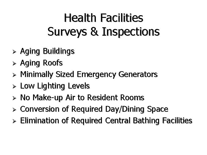 Health Facilities Surveys & Inspections Ø Ø Ø Ø Aging Buildings Aging Roofs Minimally