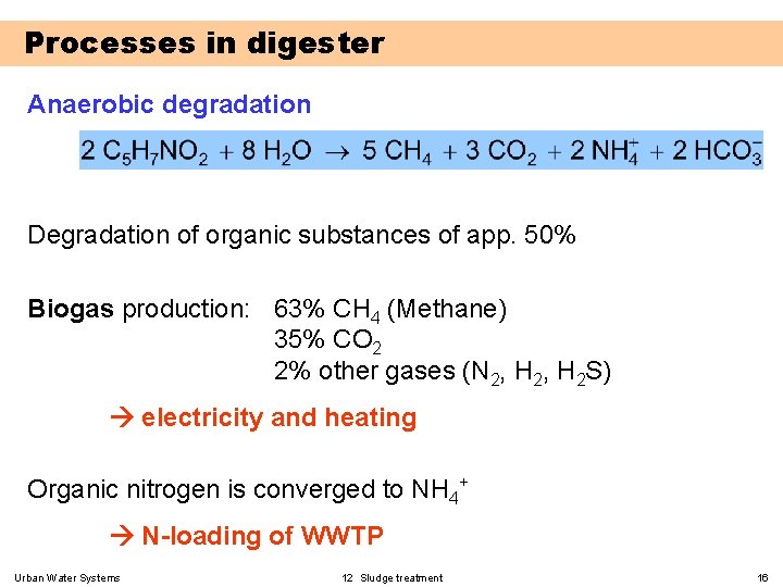 Processes in digester Anaerobic degradation Degradation of organic substances of app. 50% Biogas production: