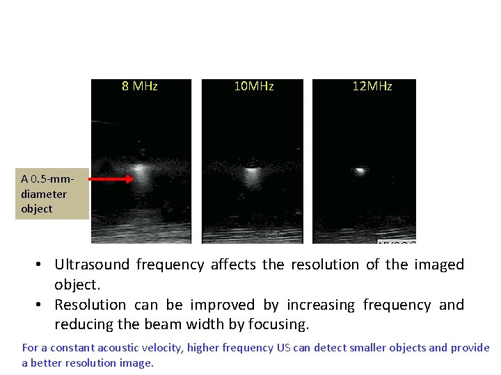 8 MHz 10 MHz 12 MHz A 0. 5 -mmdiameter object • Ultrasound frequency
