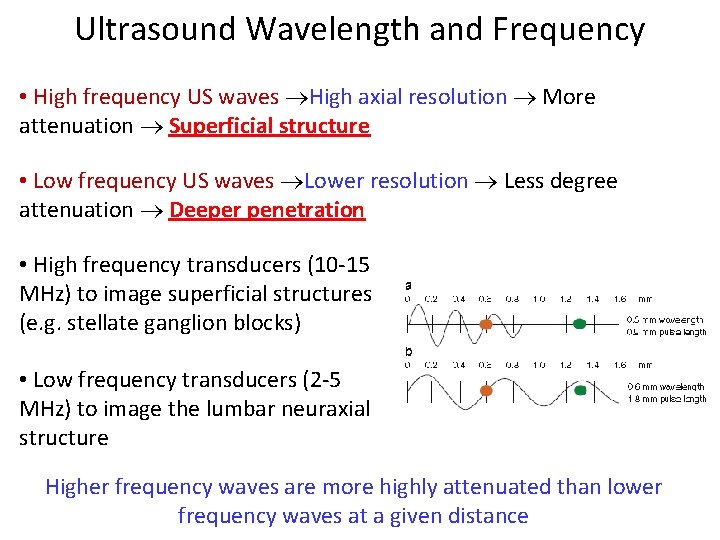 Ultrasound Wavelength and Frequency • High frequency US waves High axial resolution More attenuation