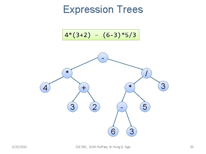 Expression Trees 4*(3+2) – (6 -3)*5/3 * / + 4 3 2 6 5/22/2021 Expression Trees 4*(3+2) – (6 -3)*5/3 * / + 4 3 2 6 5/22/2021
