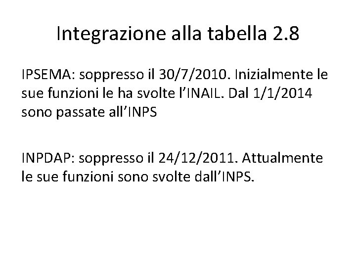 Integrazione alla tabella 2. 8 IPSEMA: soppresso il 30/7/2010. Inizialmente le sue funzioni le