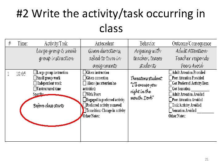 #2 Write the activity/task occurring in class 21 