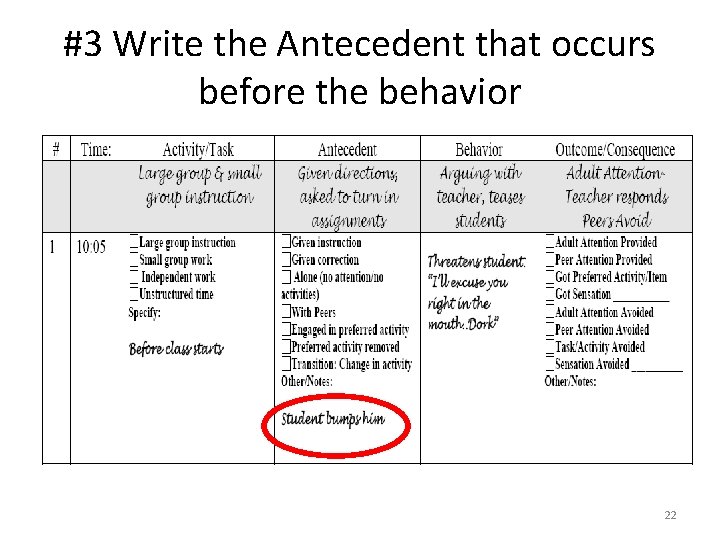 #3 Write the Antecedent that occurs before the behavior 22 