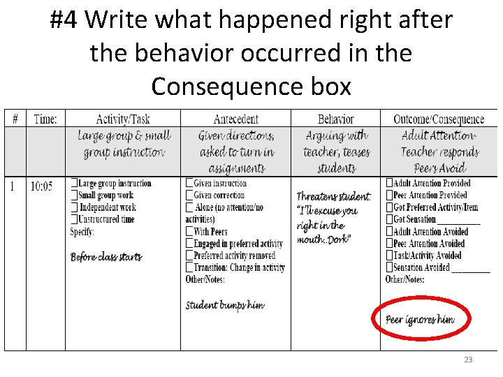 #4 Write what happened right after the behavior occurred in the Consequence box 23