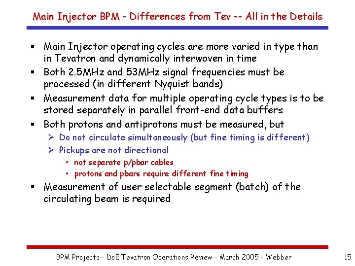Main Injector BPM - Differences from Tev -- All in the Details § Main