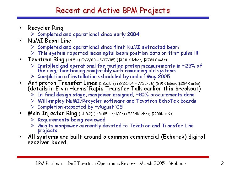 Recent and Active BPM Projects § Recycler Ring § Nu. MI Beam Line §