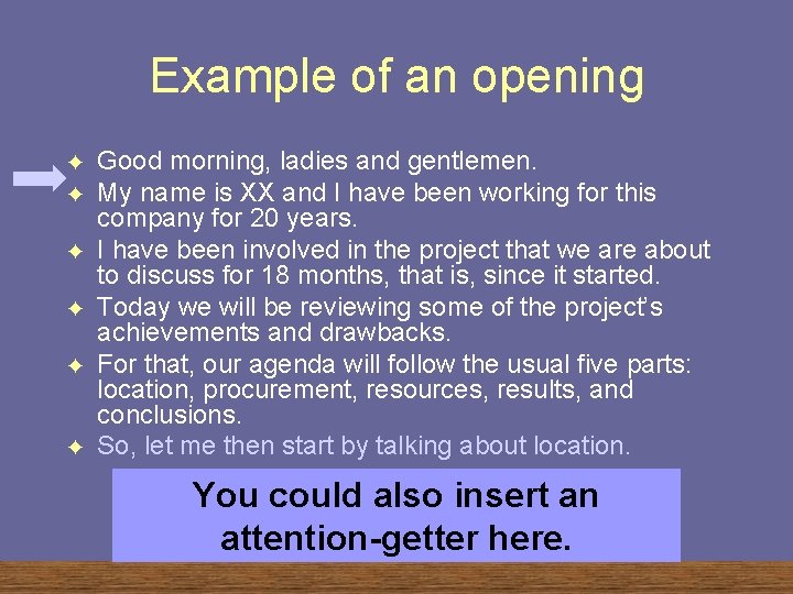 Example of an opening F F F Good morning, ladies and gentlemen. My name