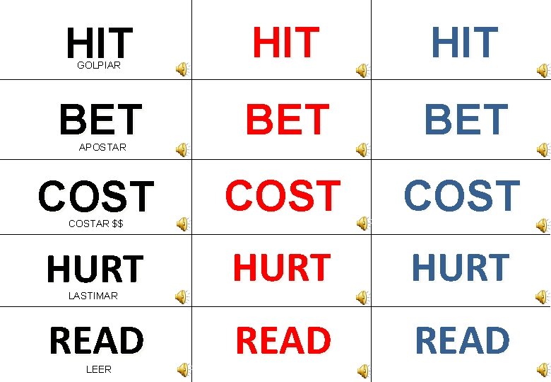 HIT GOLPIAR HIT BET BET COST HURT READ APOSTAR COSTAR $$ LASTIMAR LEER 