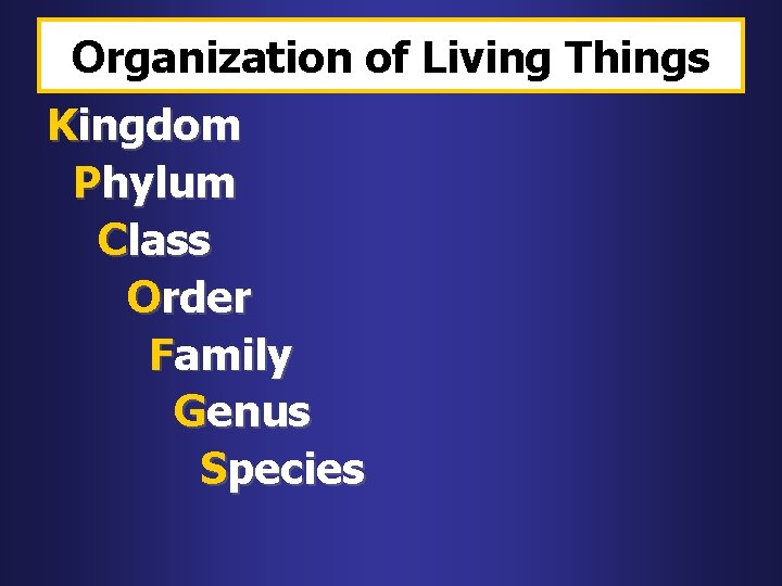 Organization of Living Things Kingdom Phylum Class Order Family Genus Species 