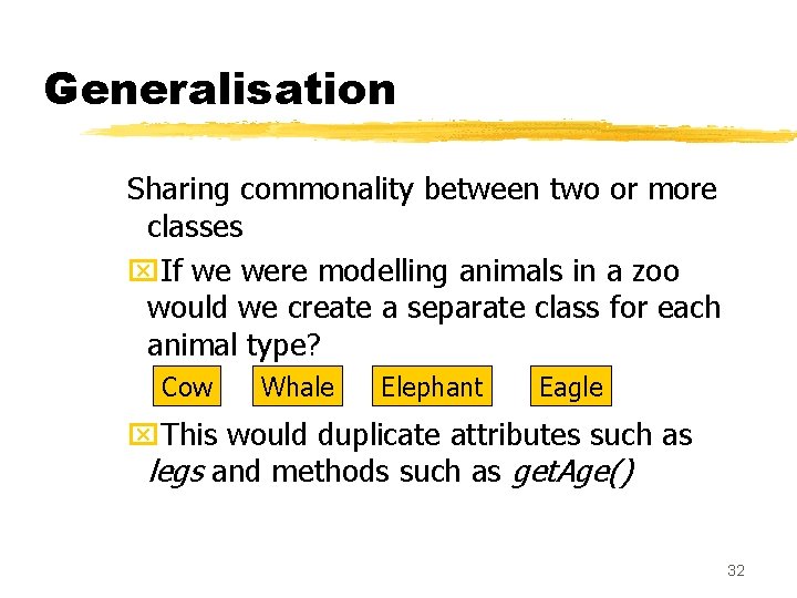 Generalisation Sharing commonality between two or more classes x. If we were modelling animals