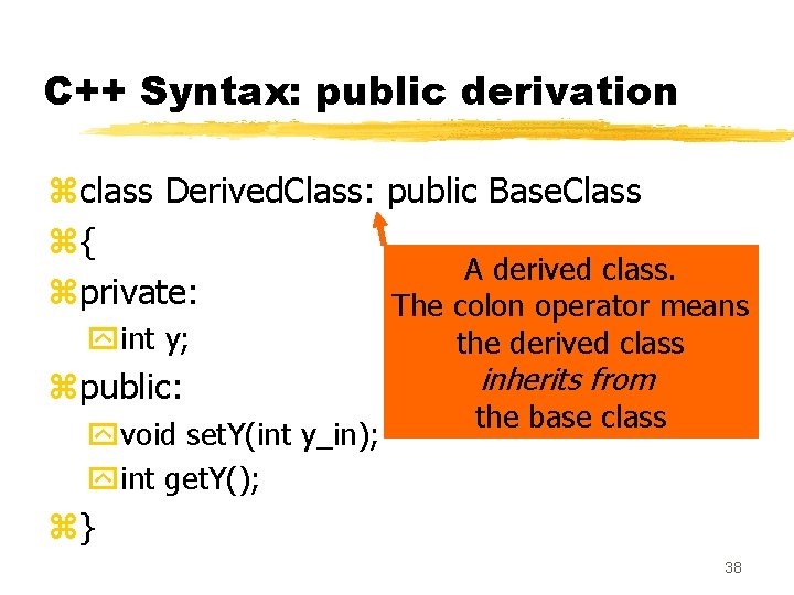 C++ Syntax: public derivation zclass Derived. Class: public Base. Class z{ A derived class.