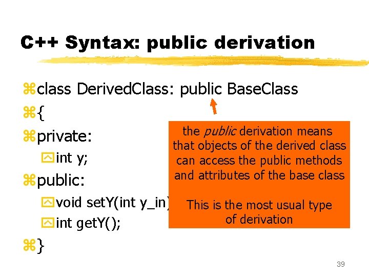 C++ Syntax: public derivation zclass Derived. Class: public Base. Class z{ the public derivation