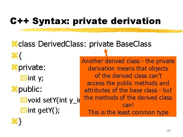C++ Syntax: private derivation zclass Derived. Class: private Base. Class z{ Another derived class
