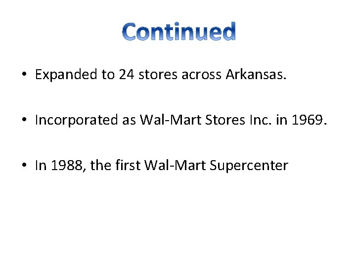  • Expanded to 24 stores across Arkansas. • Incorporated as Wal-Mart Stores Inc.