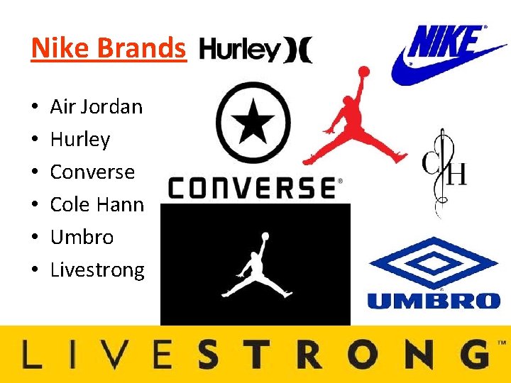 Nike Brands • • • Air Jordan Hurley Converse Cole Hann Umbro Livestrong 