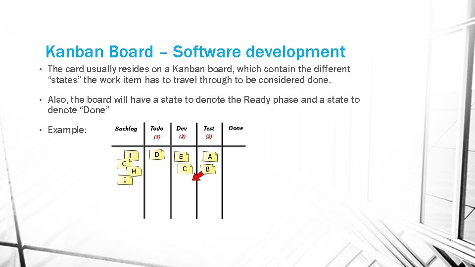 Kanban Board – Software development • The card usually resides on a Kanban board,