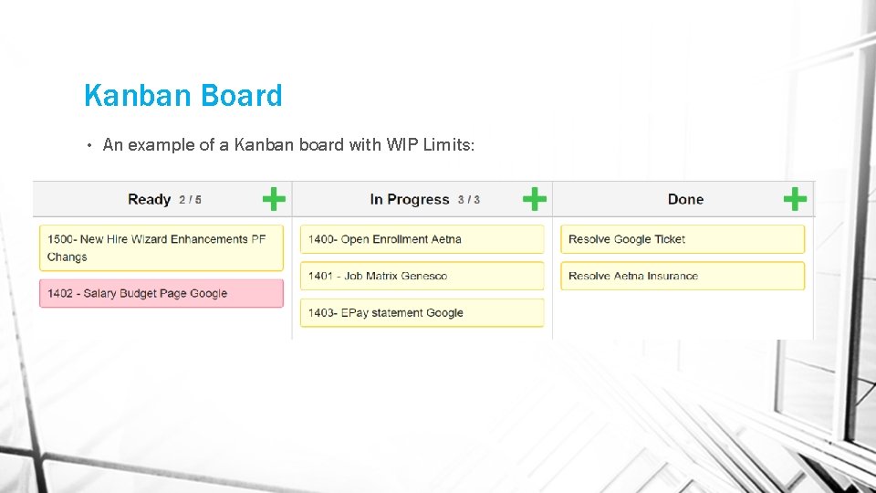 Kanban Board • An example of a Kanban board with WIP Limits: 