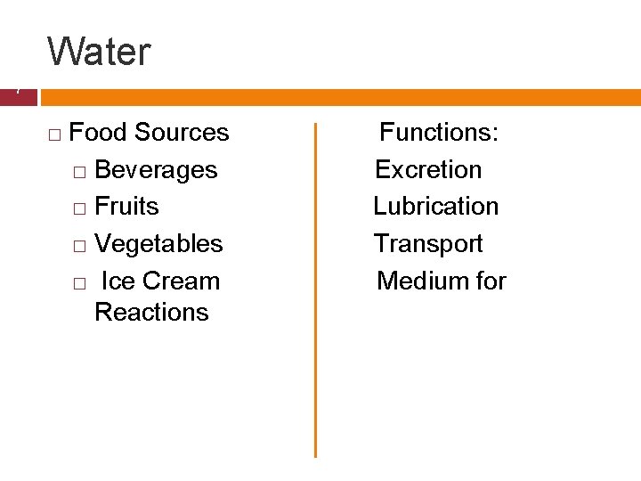 Water 7 � Food Sources � Beverages � Fruits � Vegetables � Ice Cream