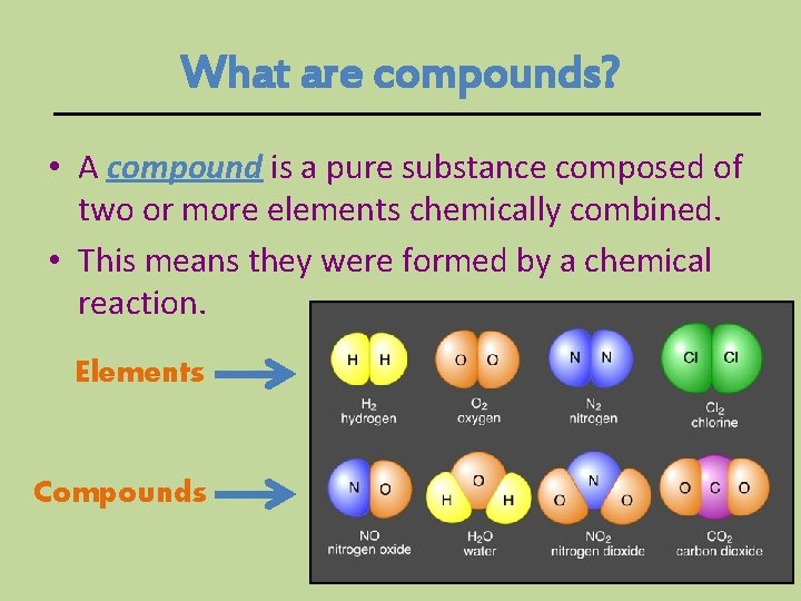 What are compounds? • A compound is a pure substance composed of two or