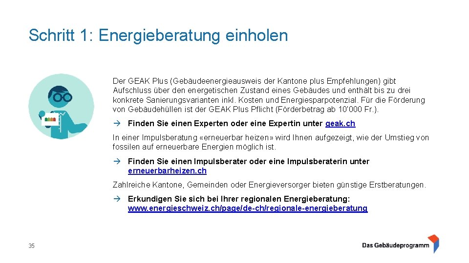 Schritt 1: Energieberatung einholen Der GEAK Plus (Gebäudeenergieausweis der Kantone plus Empfehlungen) gibt Aufschluss