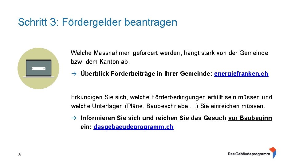 Schritt 3: Fördergelder beantragen Welche Massnahmen gefördert werden, hängt stark von der Gemeinde bzw.