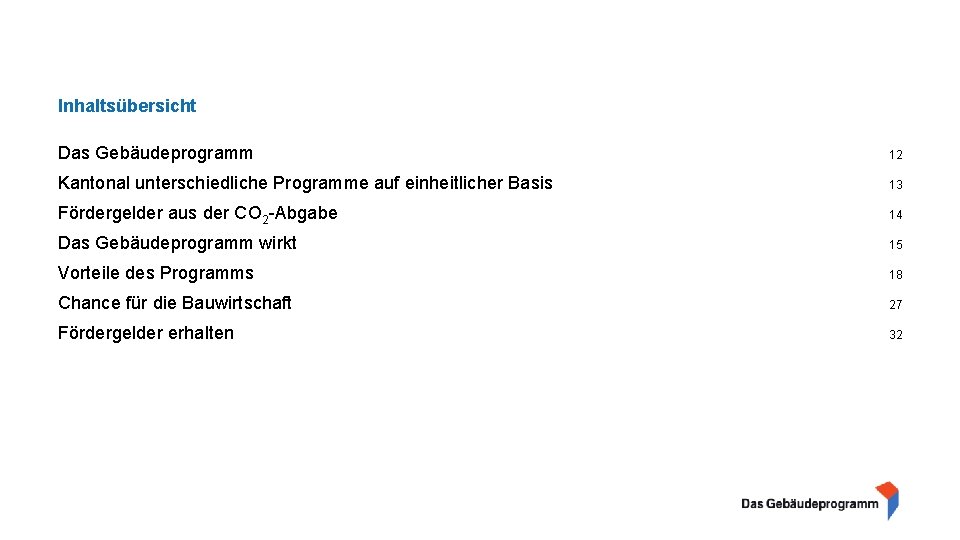 Inhaltsübersicht Das Gebäudeprogramm 12 Kantonal unterschiedliche Programme auf einheitlicher Basis 13 Fördergelder aus der